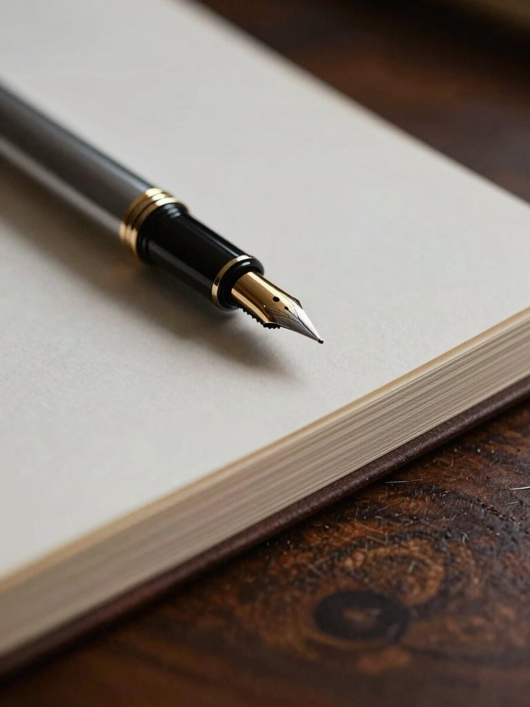 Macro close-up of a premium heavy paper document on a dark oak desk, a classic fountain pen resting on the page, dramatic low-key side-lighting.