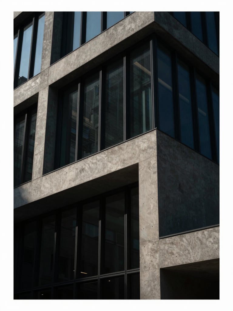 Abstract architectural angle of a modern concrete and glass corporate headquarters, low-key directional side-lighting, deep shadows, premium minimalist aesthetic.