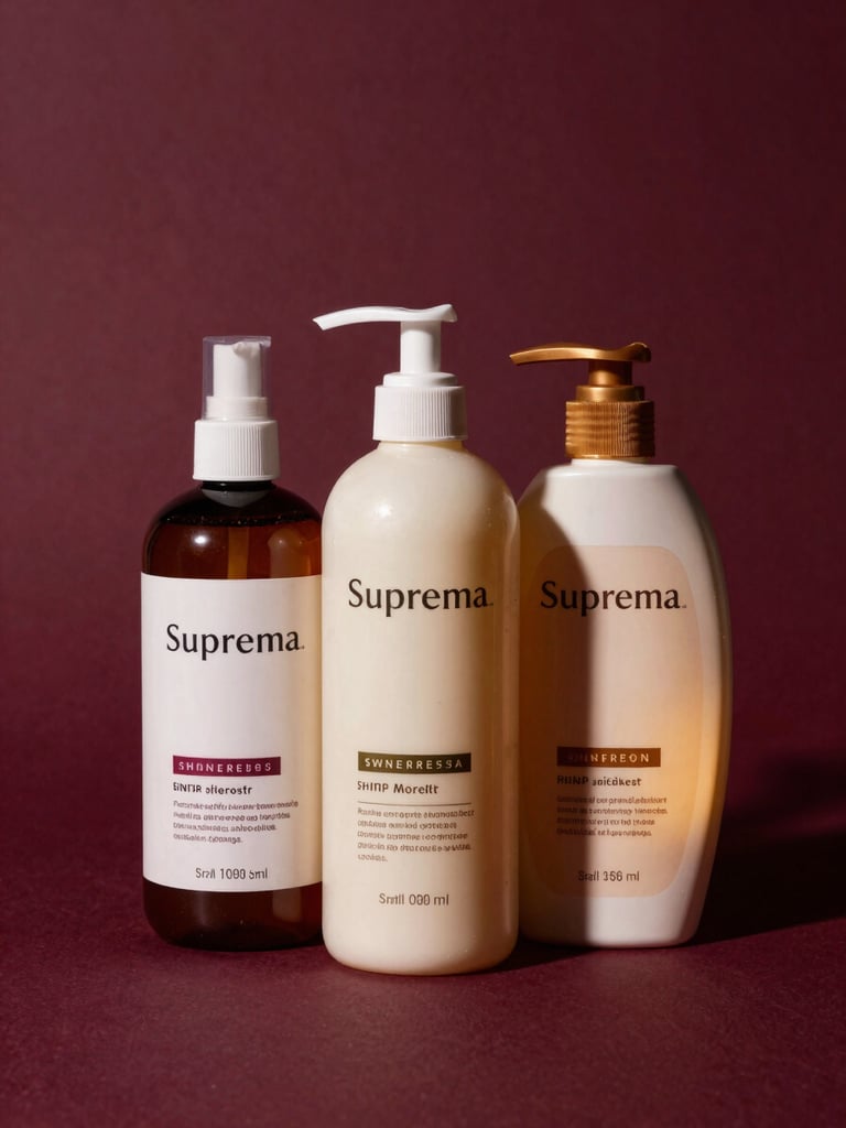 Three Suprema hair care product bottles grouped together on a dark aubergine surface, warm gold accent light from the right, rich shadows, editorial product photography, no text