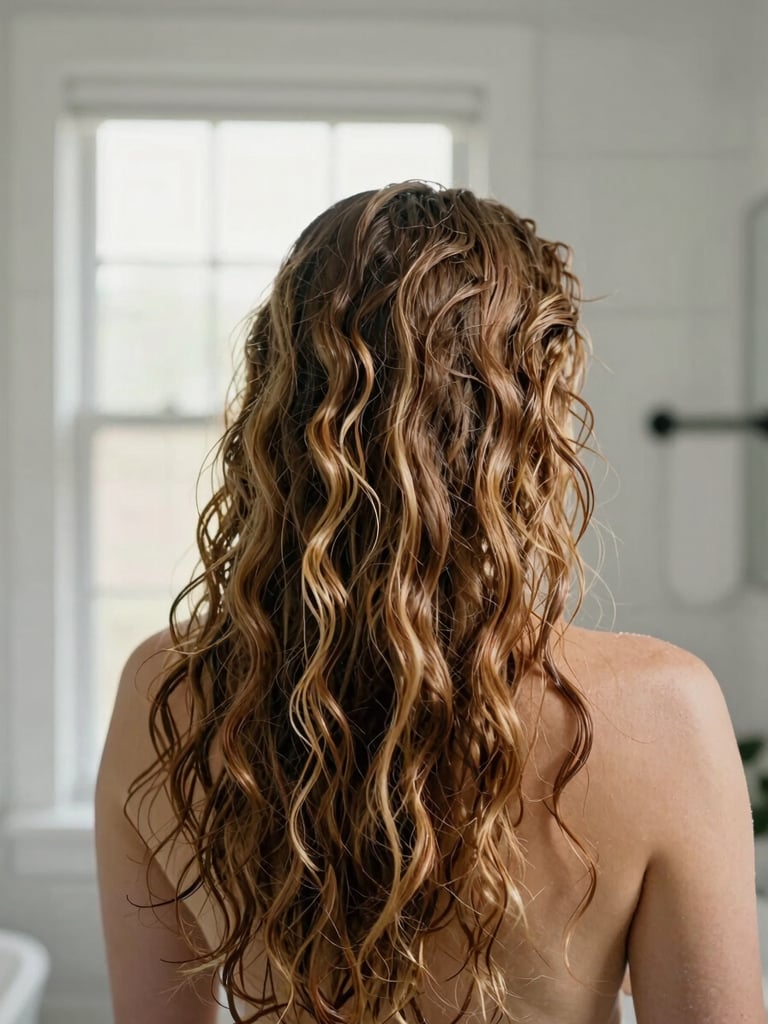 Wide environmental shot of a woman with long natural textured hair in a bright home bathroom, hair still damp and clumped into defined sections mid-routine, north-facing window light, no makeup, honest medium shot showing real curl pattern