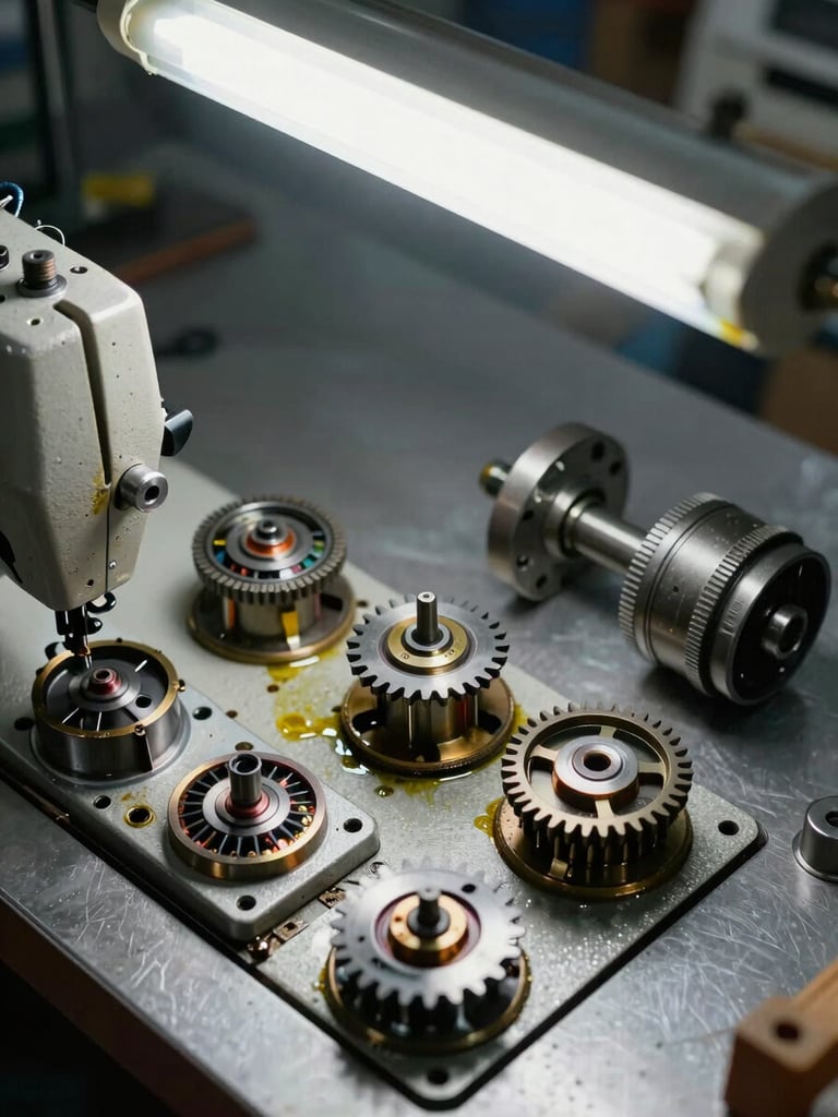 Extreme close-up overhead shot of a disassembled commercial sewing machine bobbin housing and timing assembly on a steel workshop bench, individual components laid out with mechanical precision, shop fluorescent light from above, oil residue and wear marks visible on metal surfaces
