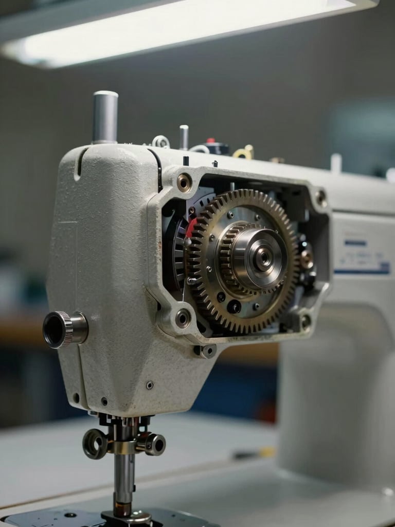 Extreme close-up of a disassembled industrial sewing machine head, timing mechanism exposed, metal components and worn housings visible under honest shop fluorescent light, overhead technical framing, no faces