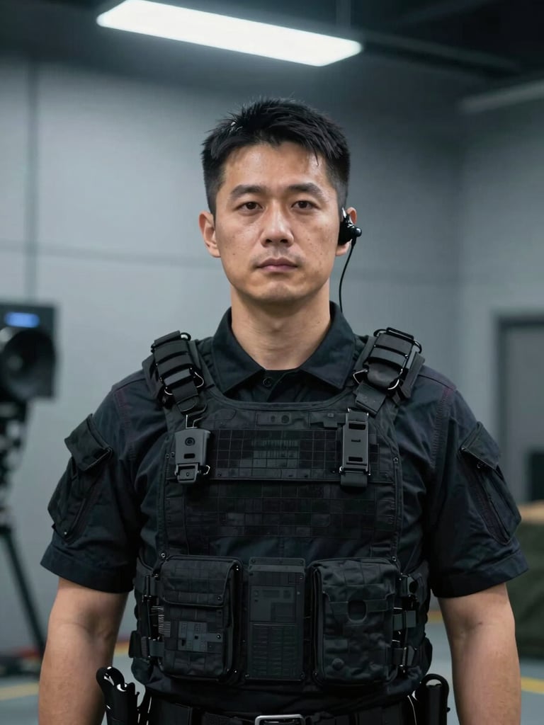 Close-up portrait of a male operator in dark tactical professional dress, standing in a controlled indoor staging area, arms at sides, communication earpiece visible, face neutral and composed, cool overhead directional light casting sharp shadows, engineered wall surface in background