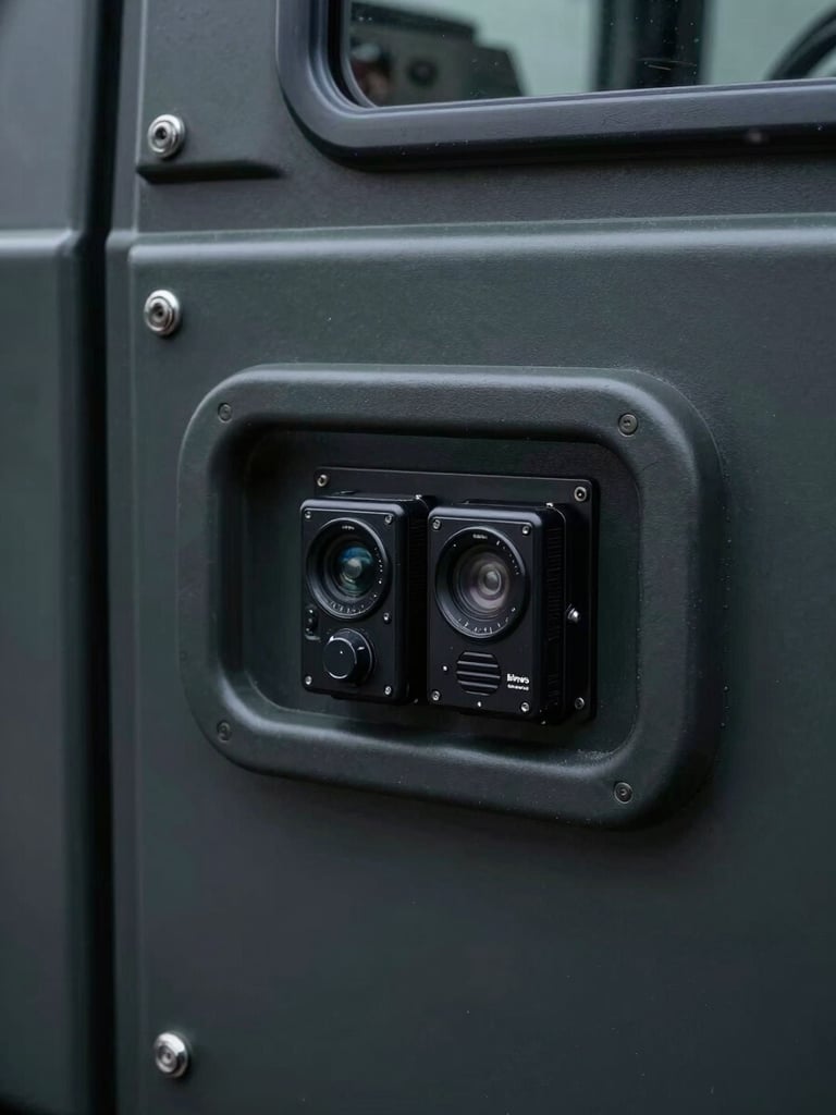 Extreme close-up of armored vehicle interior control panel—reinforced door handle, communication equipment mounted to center console, matte black surfaces under cool controlled studio light, no passengers, clinical and precise framing emphasizing operational hardware