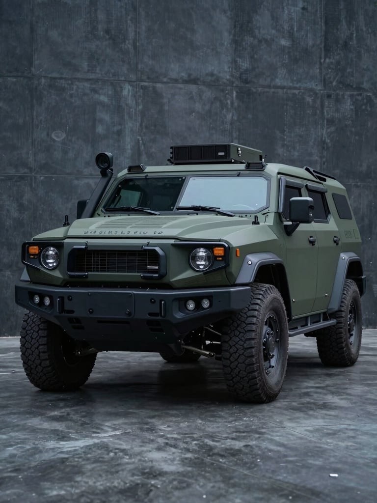 Wide environmental shot of armored SUV in operational stance on dark concrete, front quarter view, cool directional lighting emphasizing reinforced body panels and ballistic glass, no people, no motion