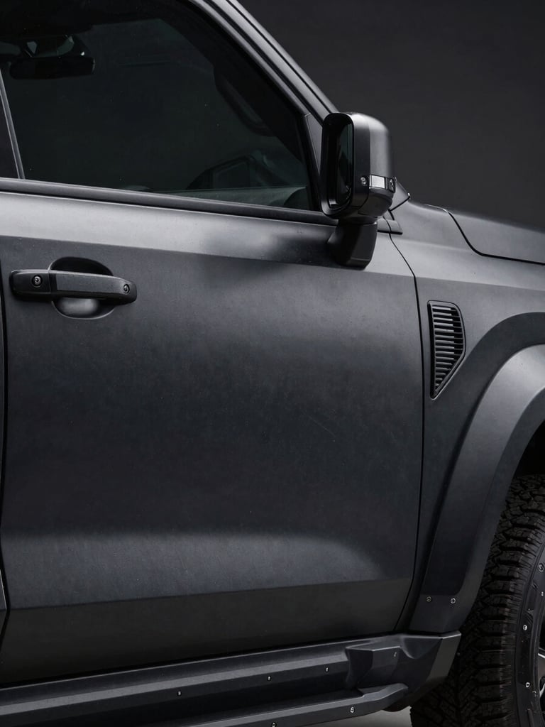 Close-up exterior panel of a matte black armored SUV, right-side framing, studio strobe lighting raking across the steel bodywork to reveal paint texture and door seam precision, extreme detail on the B-pillar and ballistic-rated window edge, dark background, no people