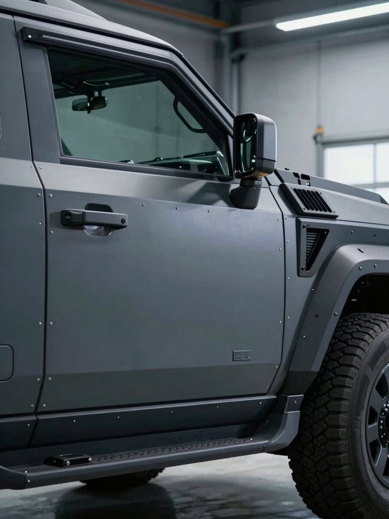 Close-up three-quarter view of an armored SUV front quarter panel in a controlled industrial garage, cool directional strobe lighting revealing steel body seams and ballistic-rated door edge, no occupants visible, emphasis on mechanical construction and vehicle mass