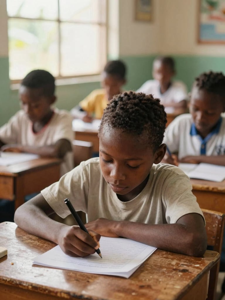Candid medium shot of a Haitian child focused on writing in a classroom, natural light from a window, other children blurred in background, warm tones