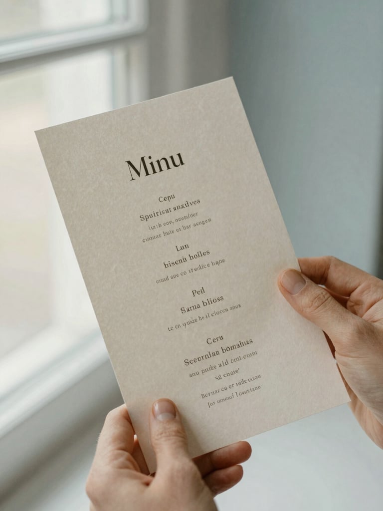 Close-up of hands holding an exquisite, heavy-weight cotton paper menu with elegant serif typography, soft window light