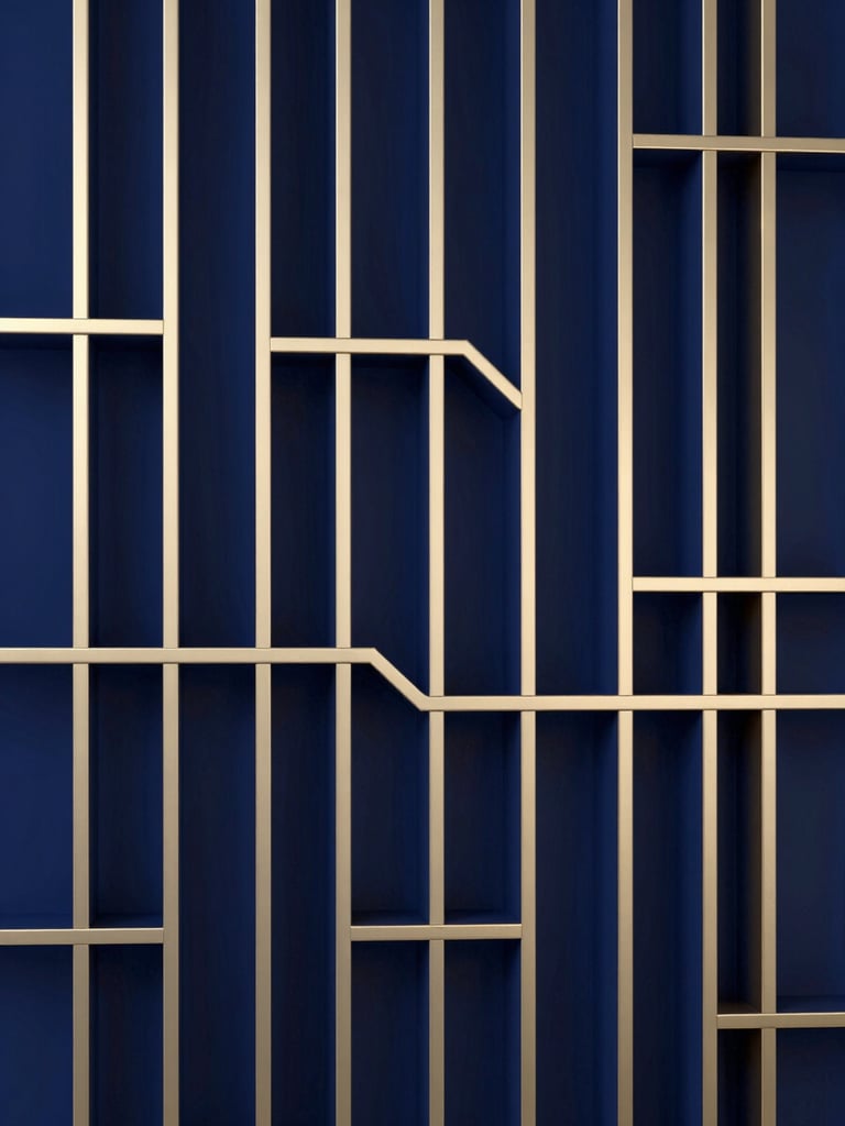 An intricate architectural lattice structure of deep navy and champagne gold lines, rendered in 3D with soft volumetric lighting and deep negative space.
