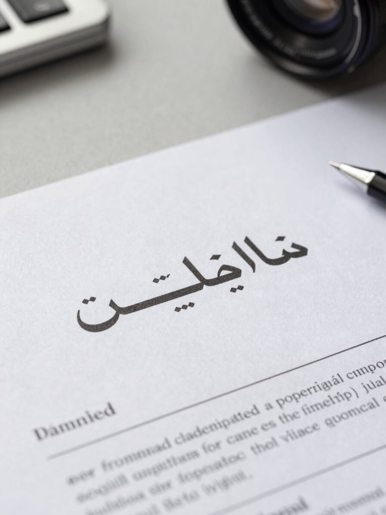 Macro close-up of premium corporate legal documents with elegant Arabic typography, resting on a clean slate-gray desk, bright natural daylight