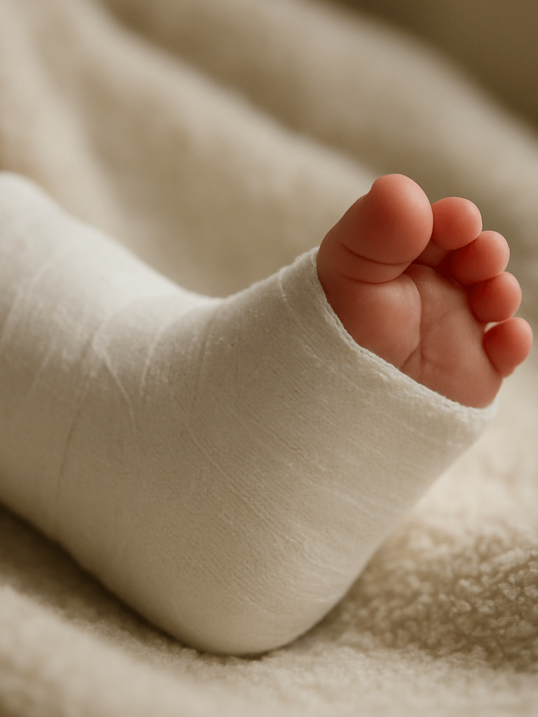 Close-up of a small foot wrapped in a fresh plaster cast resting on a soft cream blanket, soft natural window light from the right, warm and still, no clinical elements