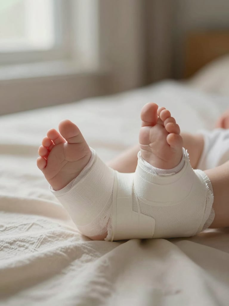 Overhead close-up of an infant's feet in a plaster cast resting on a soft cream cloth, diffused natural window light, muted warm tones, no clinical equipment visible, quiet domestic setting