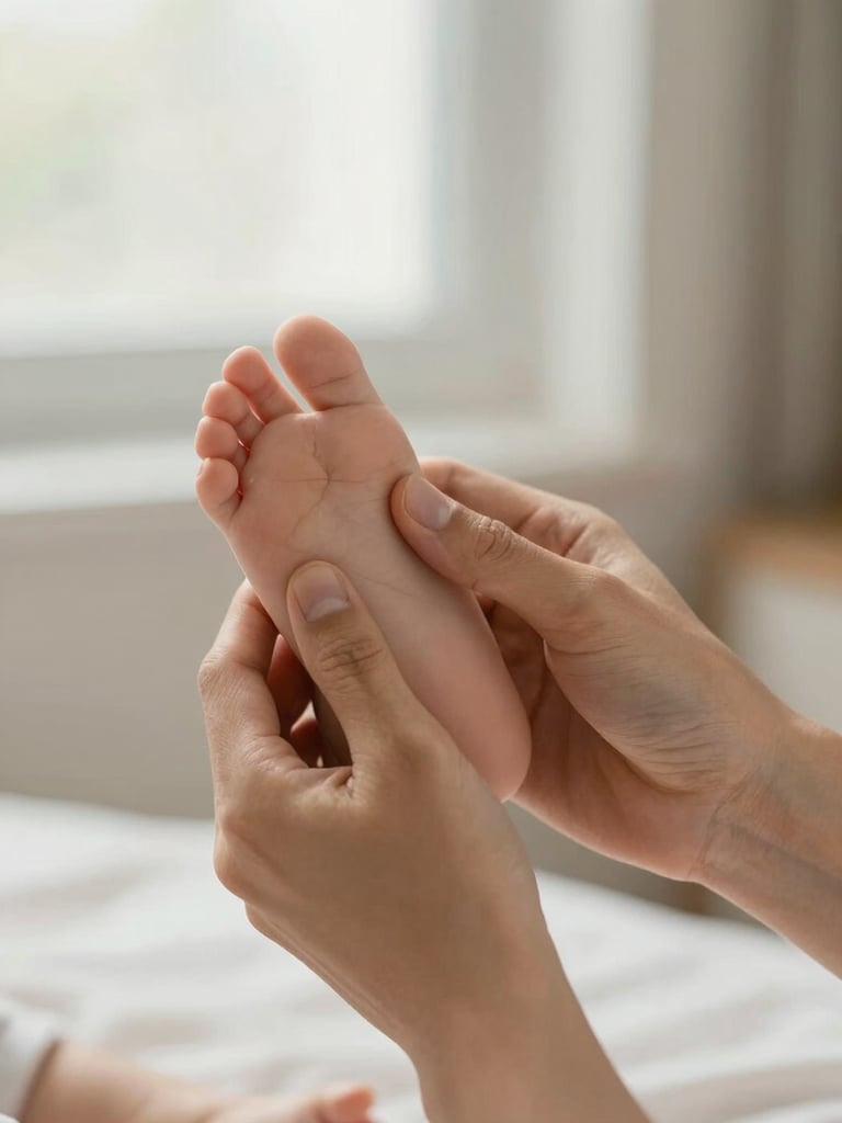 Close-up overhead view of a parent's hands gently cradling a small foot mid-stretch during a home care routine, soft diffused natural window light, cream and warm gray tones, detail of fingers and foot texture visible, calm and unhurried atmosphere