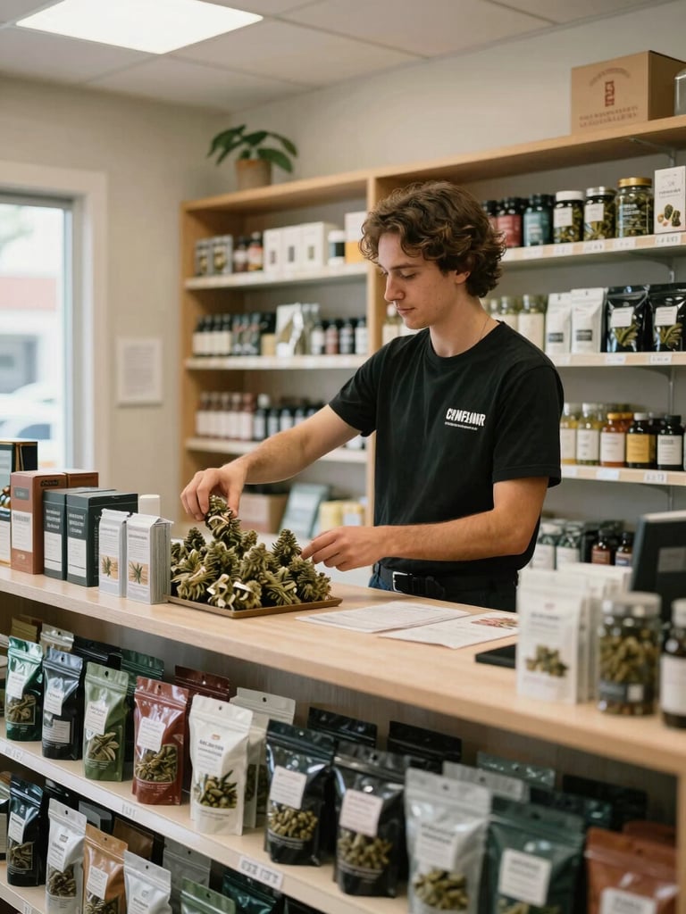 Medium environmental shot inside a cannabis dispensary — a staff member restocking product on a display shelf behind the counter, shot in available north-facing daylight, relaxed work posture, product packaging visible, no posed smile, store interior context visible in background