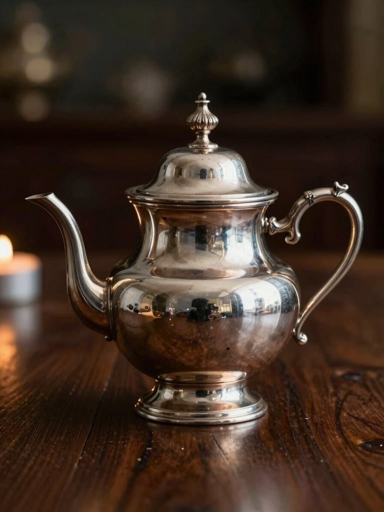 Extreme close-up of an antique silver tea service on a dark wooden table, soft candlelight reflecting on the polished surface, dark out-of-focus background.