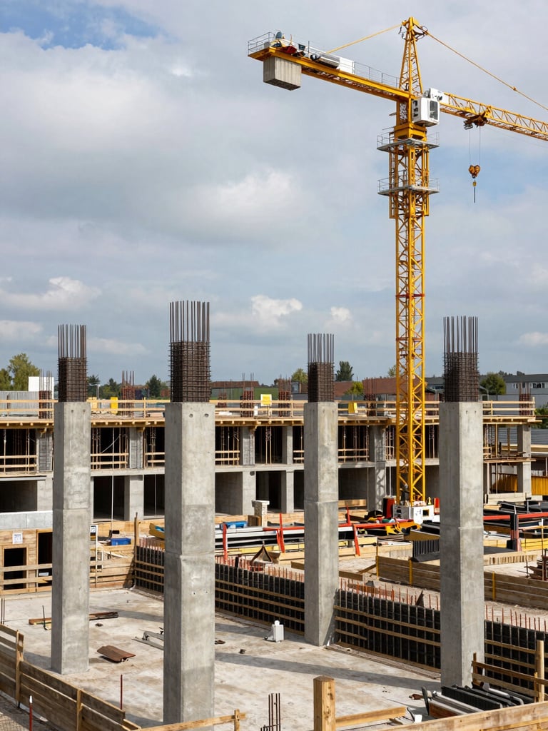 Wide-angle view from elevated position of an active German construction site at overcast daylight — reinforced concrete columns mid-assembly in the foreground, tower crane arm visible upper right, ordered site infrastructure and formwork below, no people posed, documentary framing