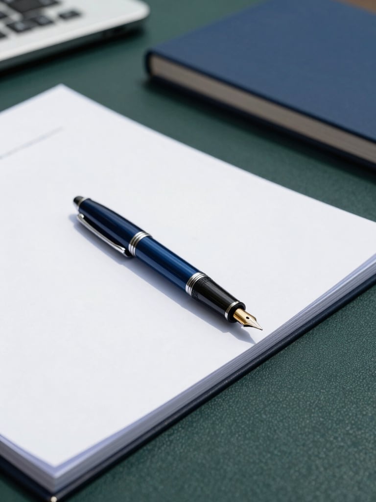 Close-up of a professional desk setup in Islamabad, structured corporate documentation, executive fountain pen, clean daylight.
