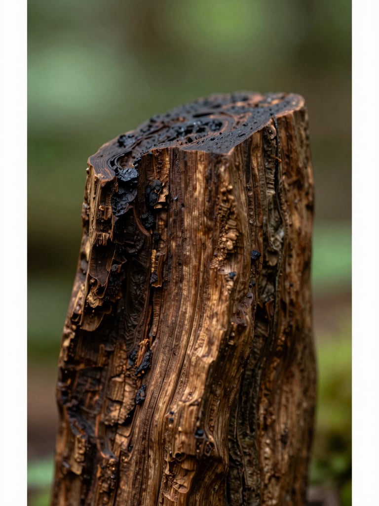Macro shot of dark resinous agarwood heartwood, rich wood tones, soft natural forest light