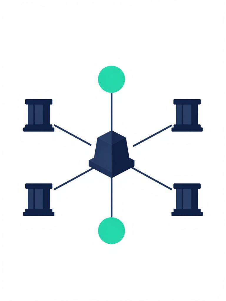 A clean vector illustration of minimalist geometric network nodes connecting legacy banking pillars to a decentralized ledger, deep slate and electric teal, high contrast, flat design.