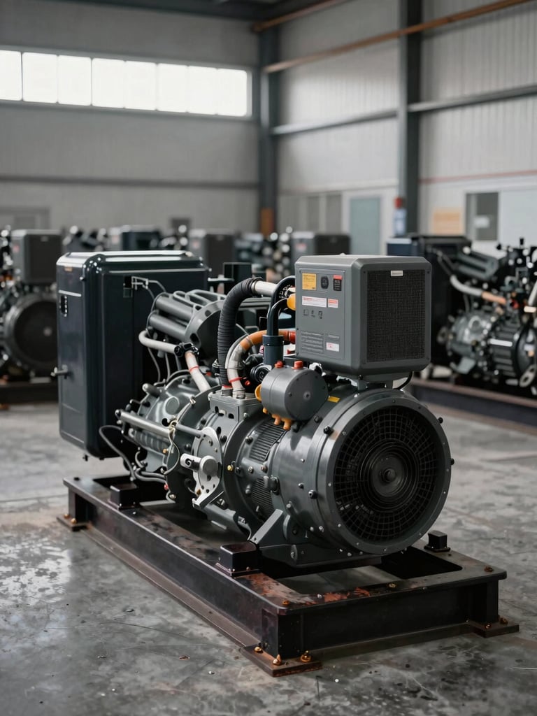 Straight-on wide shot of industrial diesel generators lined up in an organized warehouse, grey concrete floor, even daylight from high windows, cable connections visible, no people