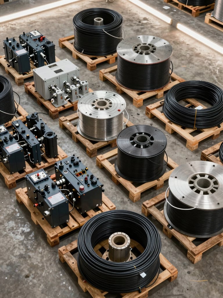 Overhead shot of organized electrical components and cable reels in a Lagos distribution warehouse, wooden pallets on concrete floor, strip lighting above, no people, bright even illumination showing product detail