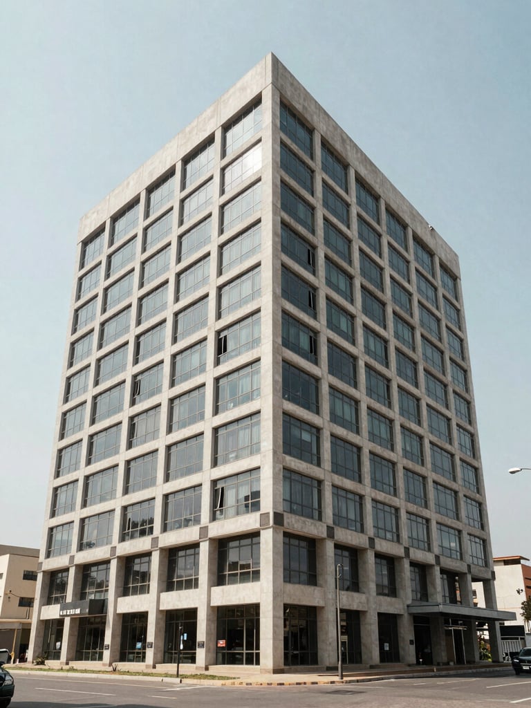 Wide-angle straight-on exterior of a multi-storey commercial building in Lagos, shot at midday under even daylight, clean concrete and glass facade, minimal surrounding street visible, architectural geometry dominant, no people