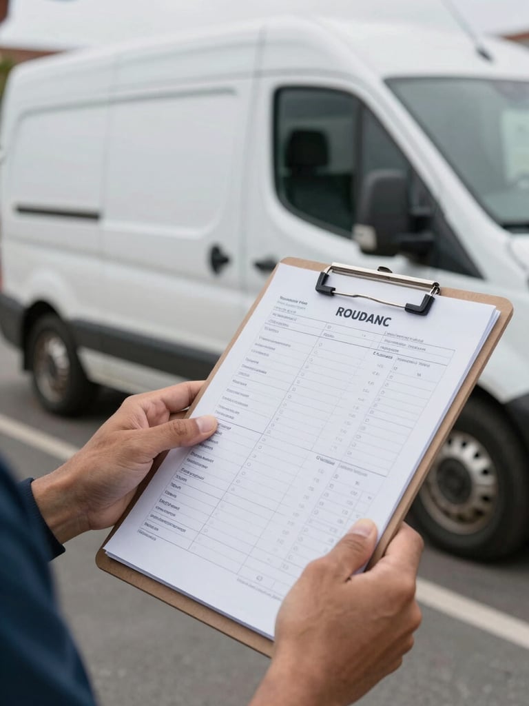 Close-up of a delivery driver's hands checking a printed route manifest clipped to a clipboard, parked cargo van visible through side window, overcast daylight, authentic industrial detail, no face visible