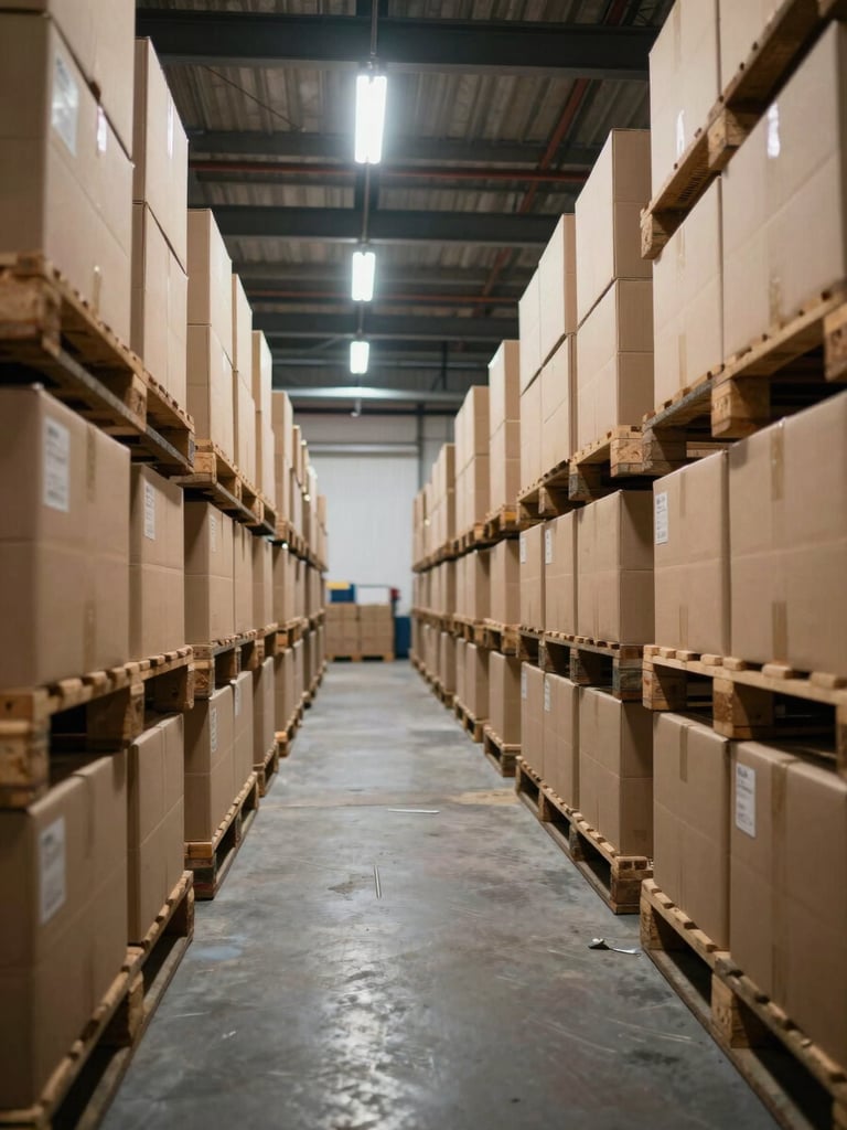Wide industrial warehouse interior, deep perspective along loaded pallet rows, tungsten overhead lighting casting warm pools on cardboard boxes stacked to ceiling, shallow depth of field, no people visible, operational scale emphasized