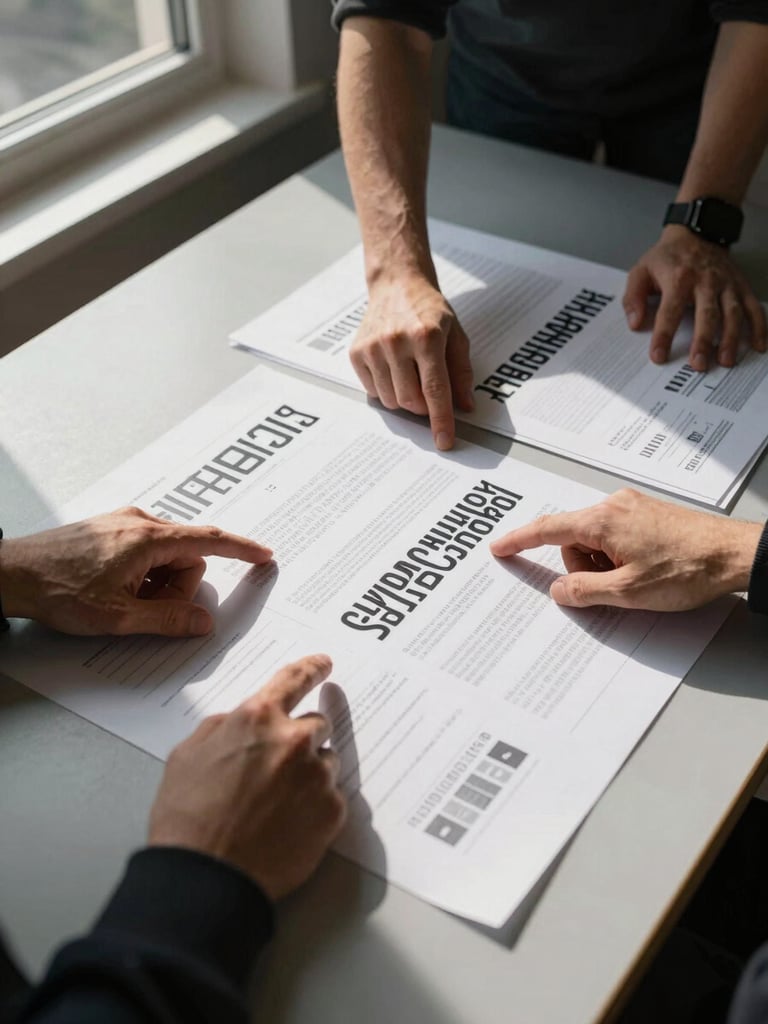 Close overhead shot of two studio members reviewing printed identity proofs spread across a wide table, hands pointing at typographic details, north-facing daylight from a left window, high-contrast shadow across the surface, no faces visible