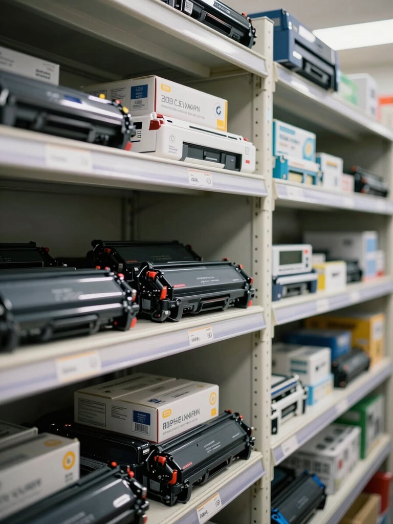Overhead close-up of organized labeled shelves holding printer maintenance kits and toner cartridges in a well-lit service depot, crisp fluorescent lighting, systematic arrangement with clear part labels facing forward