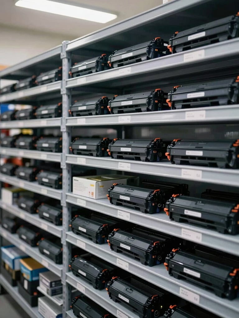 Overhead close-up of organized shelving unit stocked with labeled toner cartridges and spare printer parts arranged in neat rows, bright fluorescent overhead lighting, steel-gray metal shelves, each item clearly tagged, no empty spaces