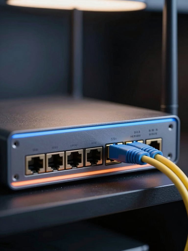 Close-up of a modern fiber ONU router on a dark shelf, soft blue and orange accent glow emanating from the device ports, fiber cable entering from the right edge, directional light from above, dark background with subtle bokeh