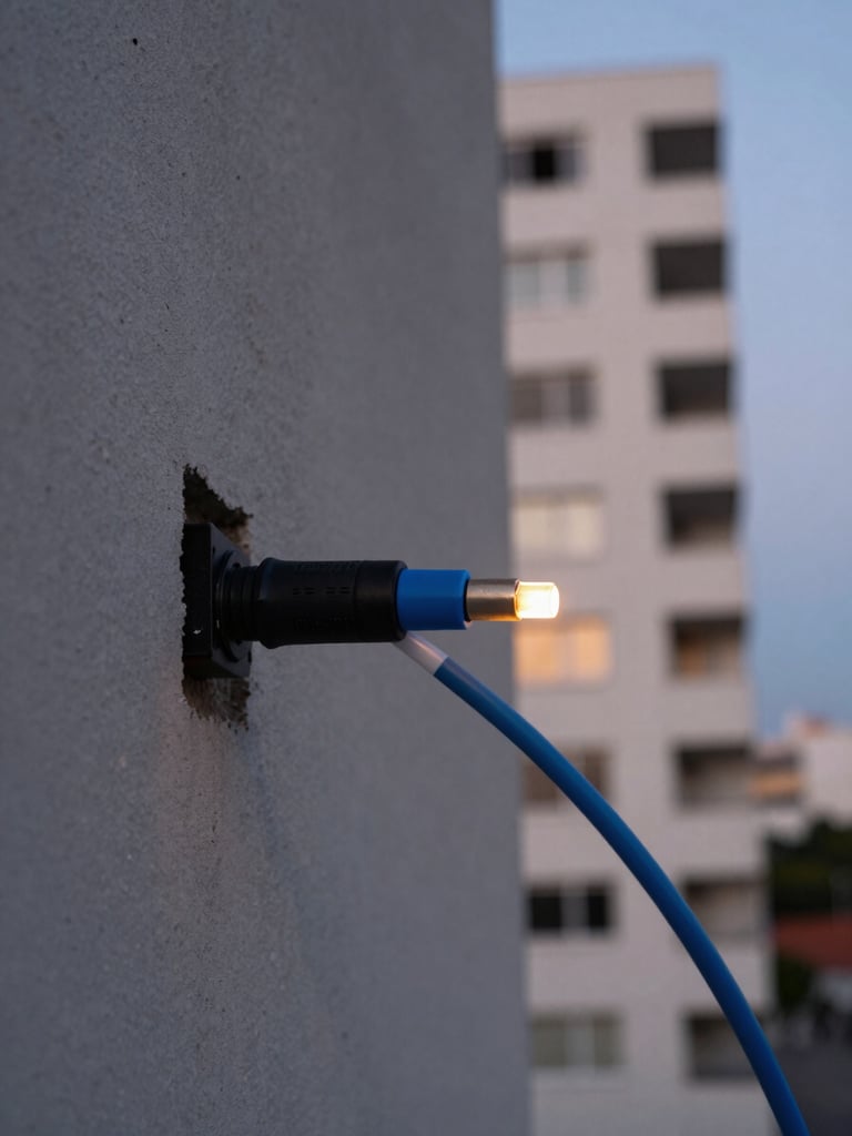 Close-up of fiber optic cable entering a concrete wall of a Fortaleza residential building at dusk, soft blue and orange accent glow on the cable termination, shallow depth of field, architectural detail visible in background