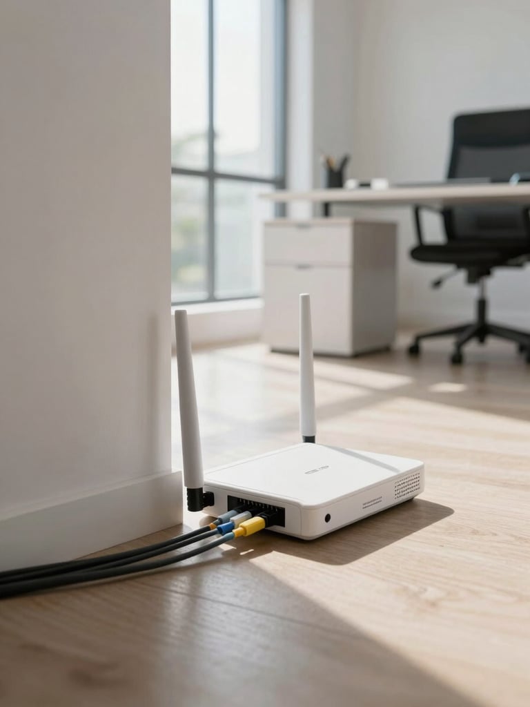 Wide angled shot inside a modern Fortaleza home office, fiber optic cable running along the baseboard toward a sleek white ONU router, soft natural light from a north-facing window, no faces visible, clean desk in background