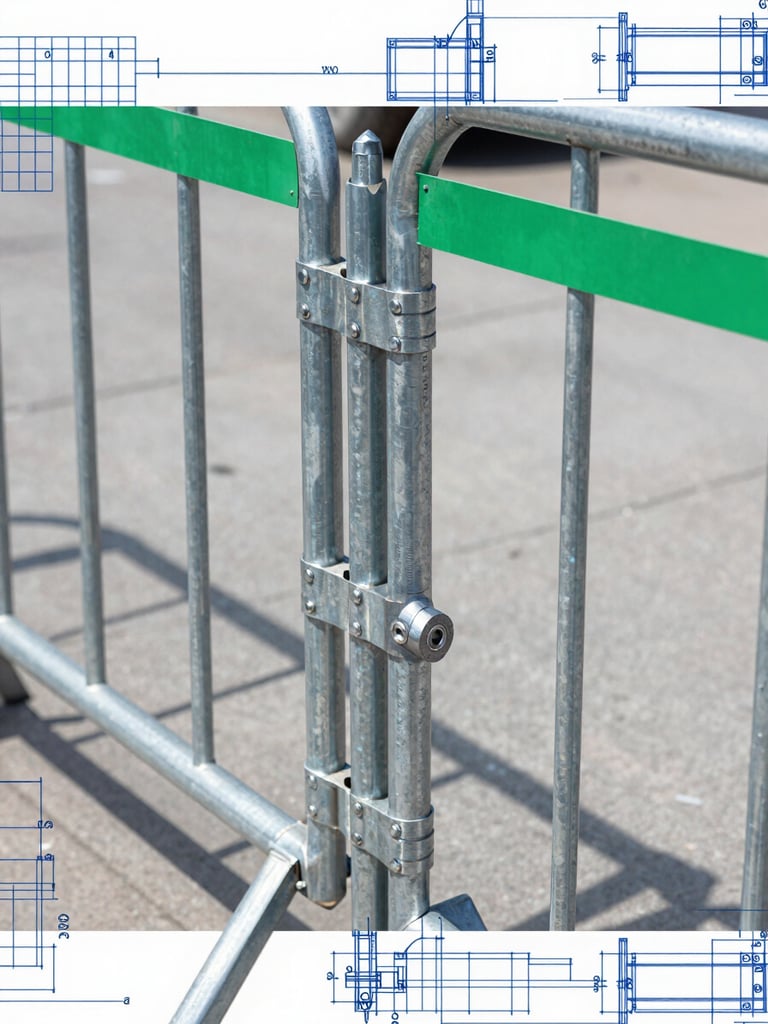 Technical blueprint overlaying a close-up of a robust welded joint on a galvanized steel barricade, clean engineering diagram style, professional lighting.