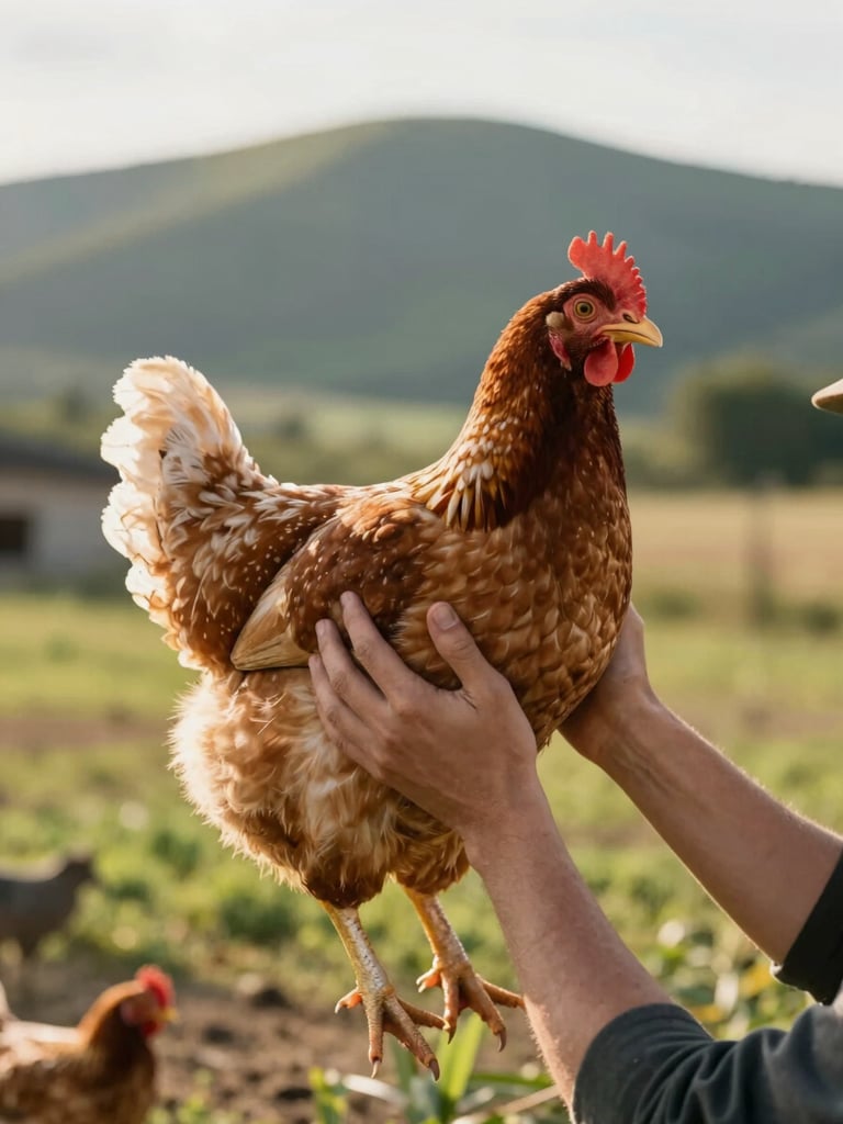 Hands carefully lifting a calm Brahma hen in a sunlit outdoor run, the Deister ridge visible as a soft green silhouette in the background, warm late-afternoon light