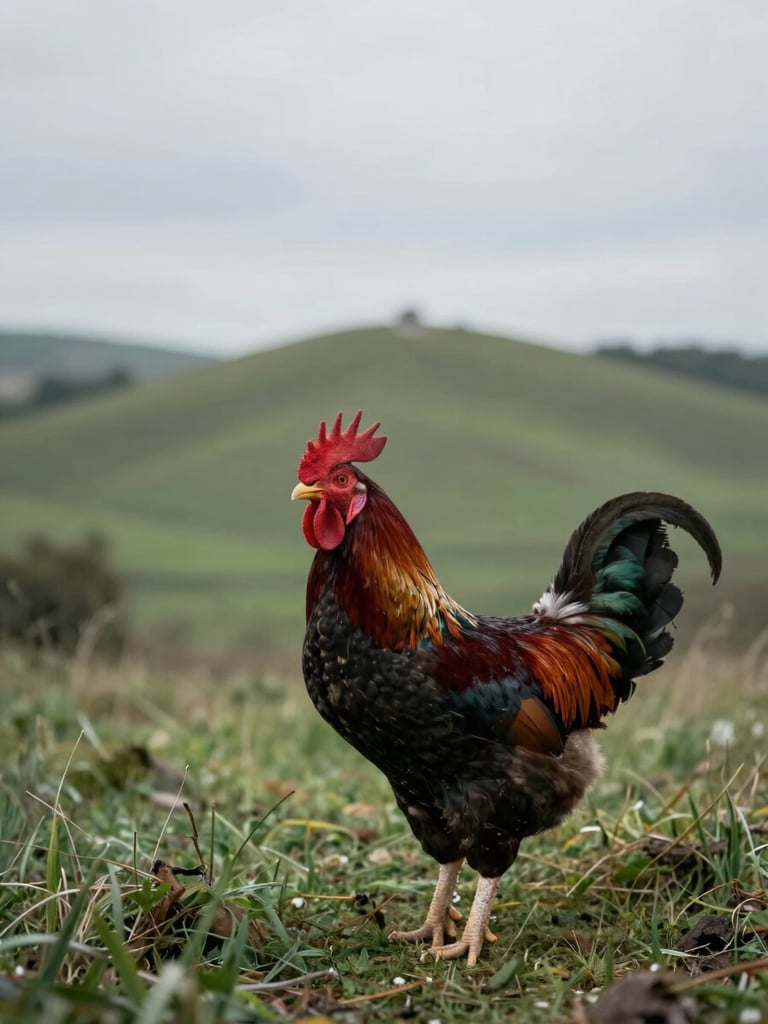 Wide editorial frame, a large Brahma rooster in three-quarter stance occupying the right half of the frame, Deister hillside ridge visible in soft focus behind him, overcast northern German daylight, muted greens and deep earth tones, documentary style, generous negative space to the left