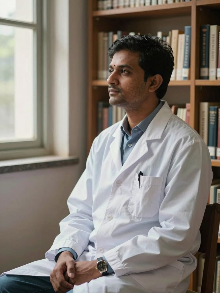 A quiet, natural-light environmental portrait of Dr. Akhil Kumar Singh sitting in a wooden-shelved university library, looking thoughtfully to the side, soft diffused daylight filtering through a window.