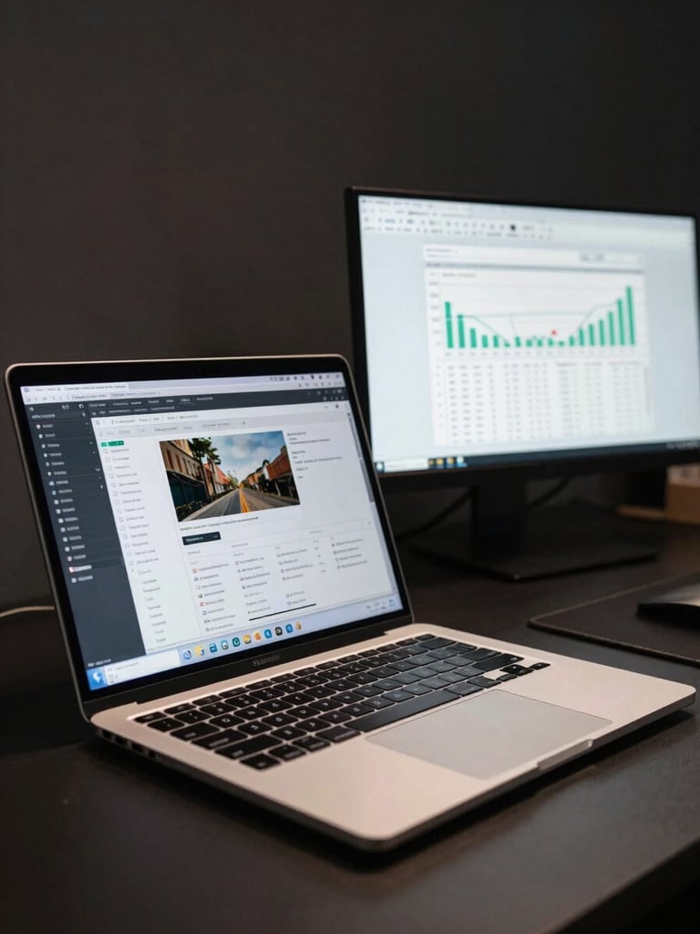 Wide studio shot of an open laptop displaying a CMS dashboard mid-edit, a second monitor showing Google Analytics graphs, both screens lit against a dark desk surface under focused overhead studio lighting, no people visible