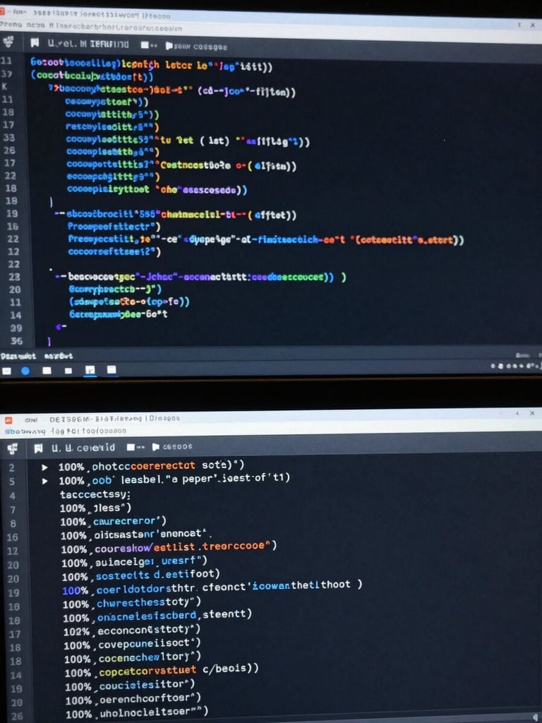 High-fidelity IDE screenshot showing clean TypeScript code, a terminal window below displaying successful Jest test suite runs and 100 percent coverage logs, cool blue and dark gray color palette.