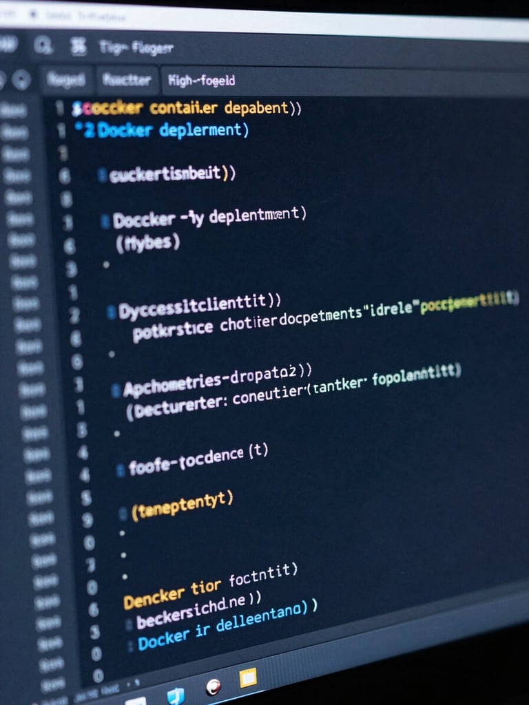 High-fidelity IDE screenshot showing clean Python code with active terminal logs displaying successful Docker container deployment, cool-toned ambient blue lighting, macro depth of field.