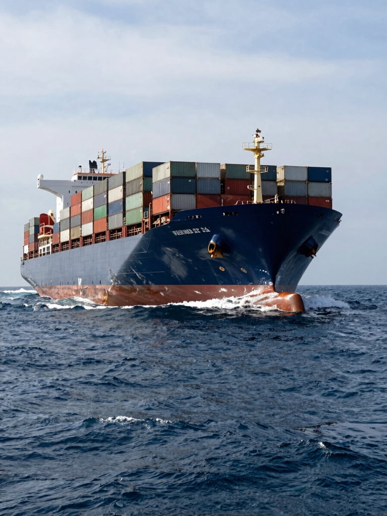 A large container ship navigating heavy, dark-blue ocean swells under an overcast maritime sky, high-contrast natural light reflecting off wet steel, shot from a wide angle emphasizing scale.