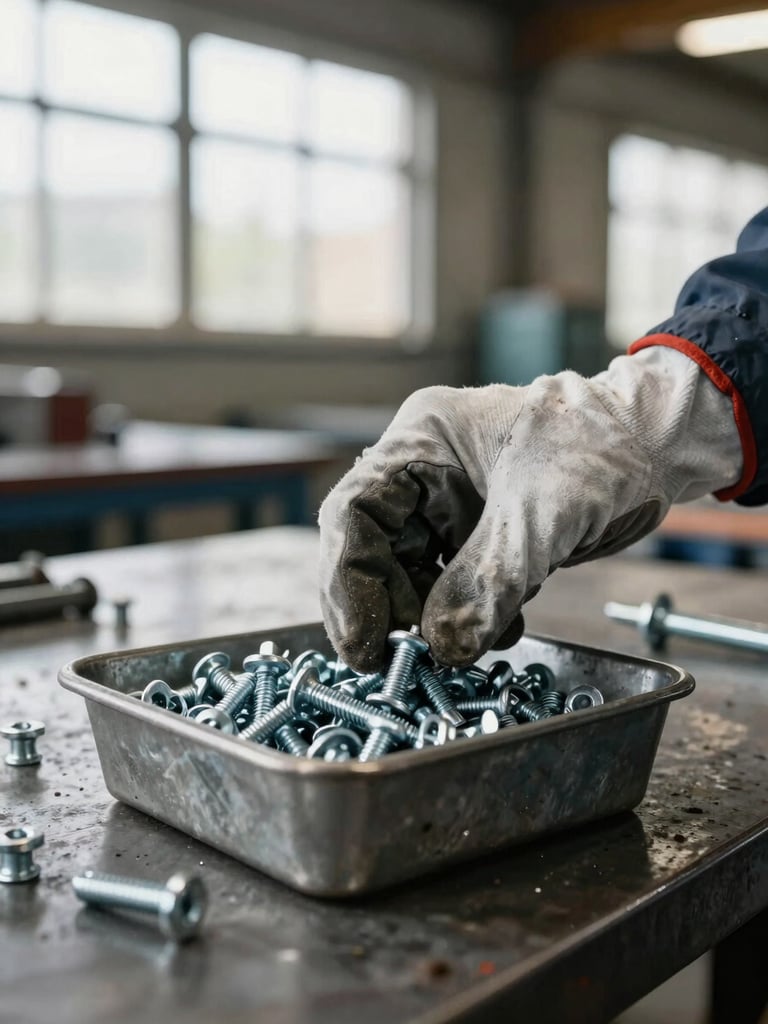 Close-up of a contractor's gloved hand selecting a heavy-duty fastener from a bulk bin on a metal workbench, warehouse daylight through large windows, steel and concrete background, no people faces visible