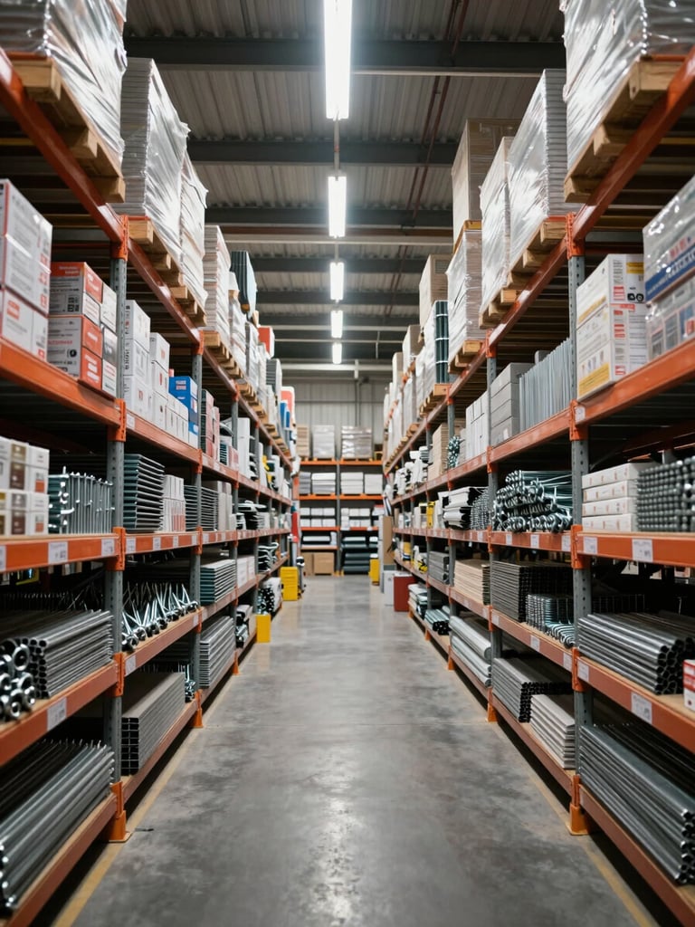 Wide environmental shot inside a bulk hardware warehouse — floor-to-ceiling shelving loaded with boxed fasteners, steel sections, and pipe bundles, harsh overhead fluorescent light, deep perspective down the aisle