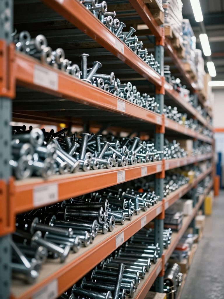 Extreme close-up of heavy warehouse shelving loaded with bulk fasteners, bolts, and pipe sections under overhead fluorescent light, industrial scale evident in the depth of shelving rows