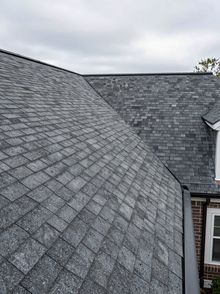 Wide environmental shot of a completed residential roof replacement in the DC metro area — full roofline visible from street level under overcast daylight, clean architectural shingle rows running edge to edge, no workers or people in frame, gutters and ridge cap clearly finished