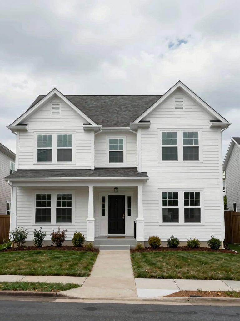 Wide shot of a completed new residential exterior in a DC-area neighborhood, overcast daylight, full roofline visible, clean painted siding, front elevation showing windows and entry, no people
