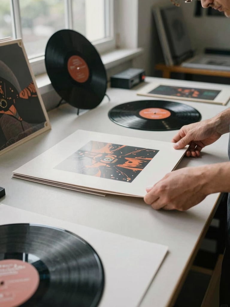 Artist hands assembling album artwork and vinyl record in a studio environment, north-facing window light casting soft shadows, recycled paper and pressing detail visible, environmental wide shot showing creative workspace, direct focus on the physical assembly of the release.