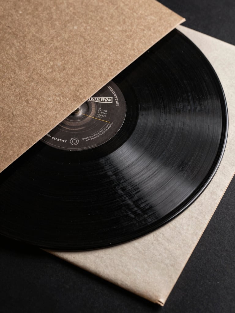 Close-up detail shot of vinyl record grooves and jacket printing, high-contrast black background with warm studio strobe lighting, texture of recycled paper and pressing visible, overhead framing showing the physical object's craft.